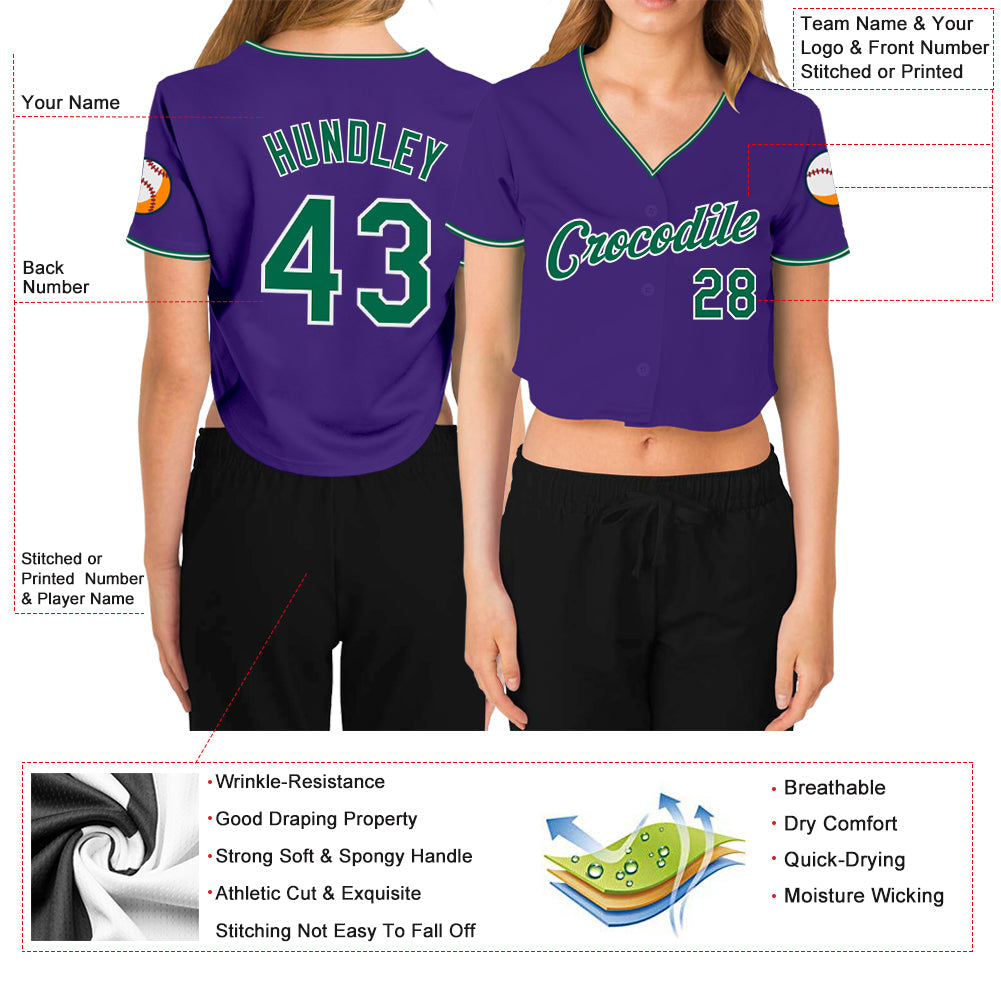 Custom Women's Purple Kelly Green-White V-Neck Cropped Baseball Jersey - Sky-Custom