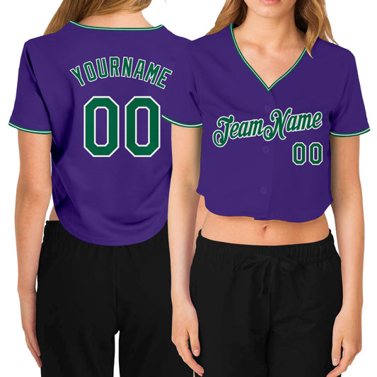 Custom Women's Purple Kelly Green-White V-Neck Cropped Baseball Jersey - Sky-Custom