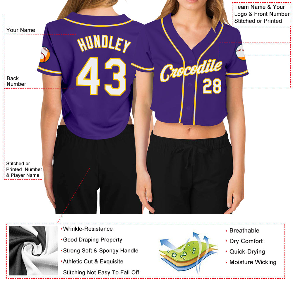 Custom Women's Purple White-Gold V-Neck Cropped Baseball Jersey - Sky-Custom