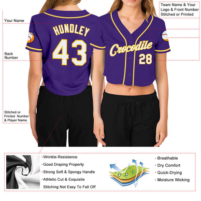 Custom Women's Purple White-Gold V-Neck Cropped Baseball Jersey - Sky-Custom