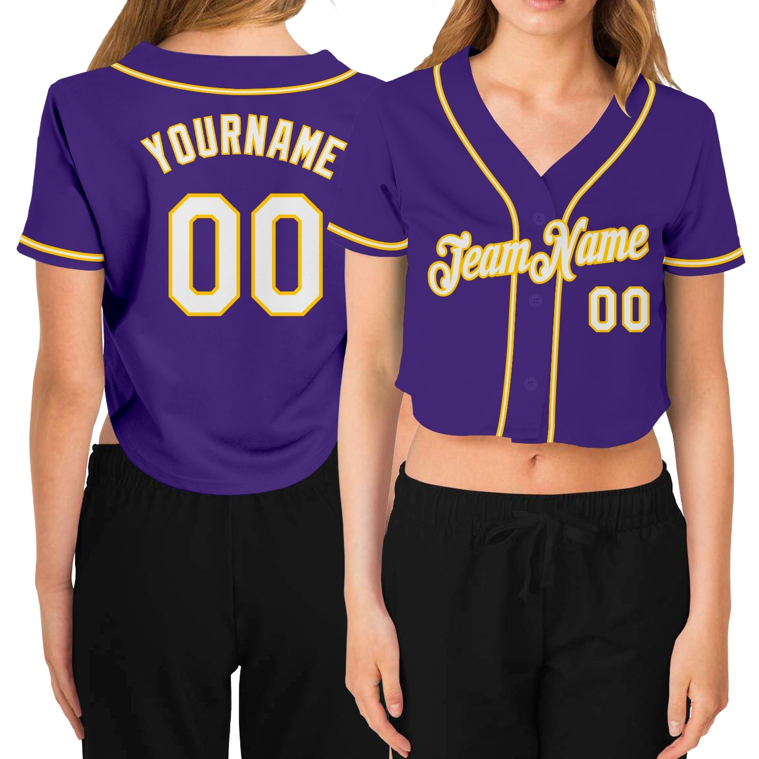 Custom Women's Purple White-Gold V-Neck Cropped Baseball Jersey - Sky-Custom