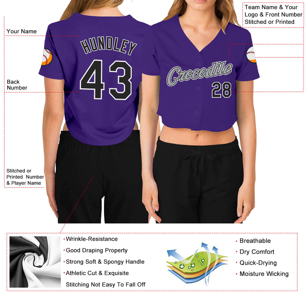 Custom Women's Purple Black White-Gray V-Neck Cropped Baseball Jersey - Sky-Custom