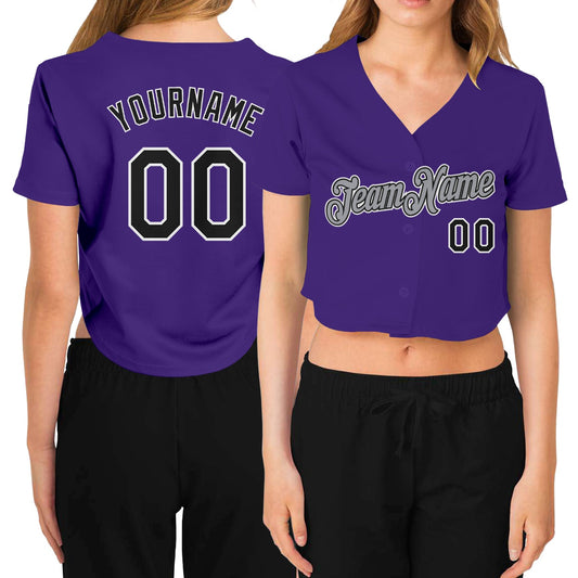 Custom Women's Purple Black White-Gray V-Neck Cropped Baseball Jersey - Sky-Custom