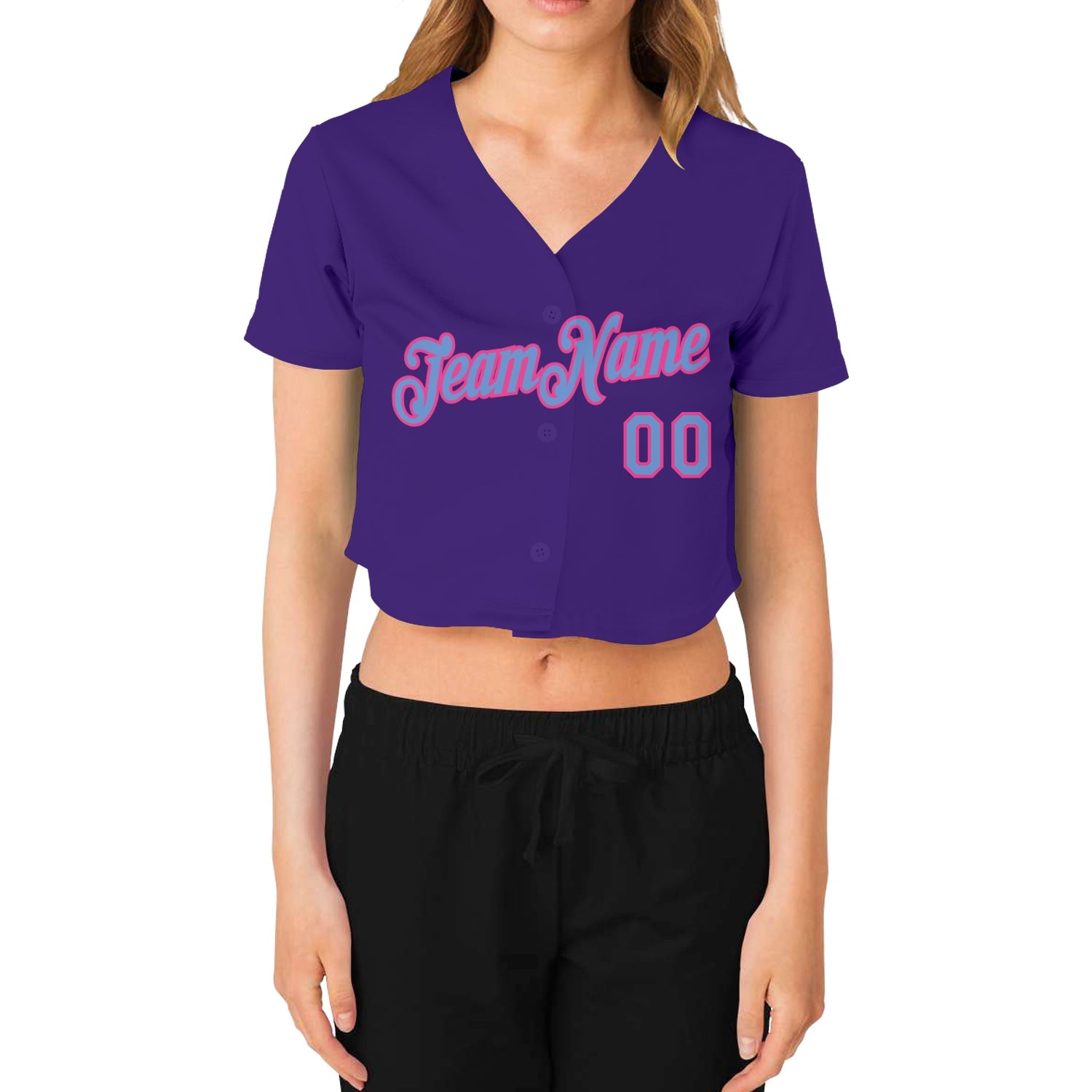 Custom Women's Purple Light Blue-Pink V-Neck Cropped Baseball Jersey - Sky-Custom