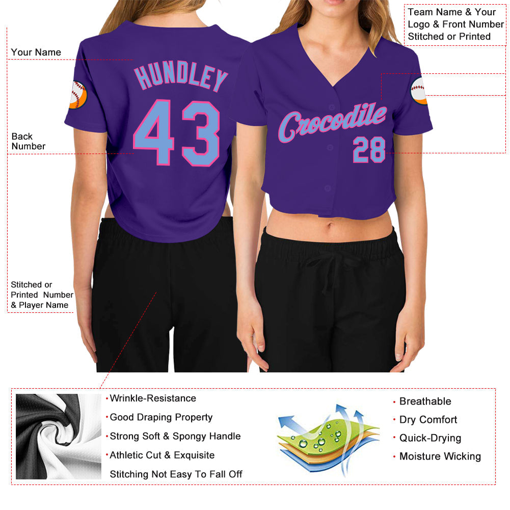 Custom Women's Purple Light Blue-Pink V-Neck Cropped Baseball Jersey - Sky-Custom