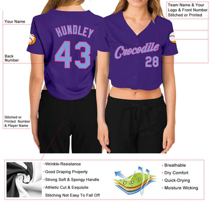 Custom Women's Purple Light Blue-Pink V-Neck Cropped Baseball Jersey - Sky-Custom