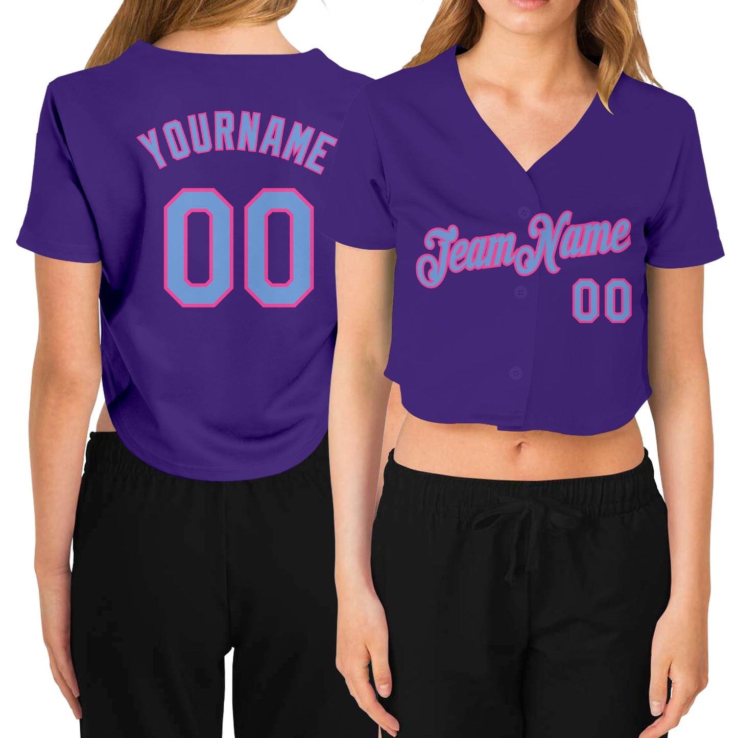 Custom Women's Purple Light Blue-Pink V-Neck Cropped Baseball Jersey - Sky-Custom
