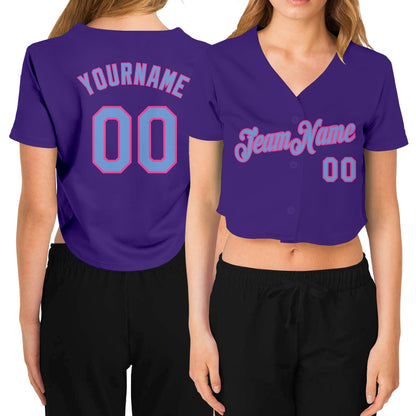 Custom Women's Purple Light Blue-Pink V-Neck Cropped Baseball Jersey - Sky-Custom