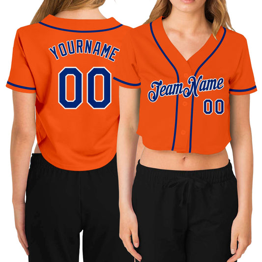 Custom Women's Orange Royal-White V-Neck Cropped Baseball Jersey - Sky-Custom