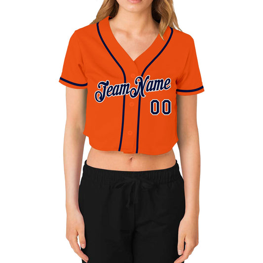 Custom Women's Orange Navy-White V-Neck Cropped Baseball Jersey - Sky-Custom