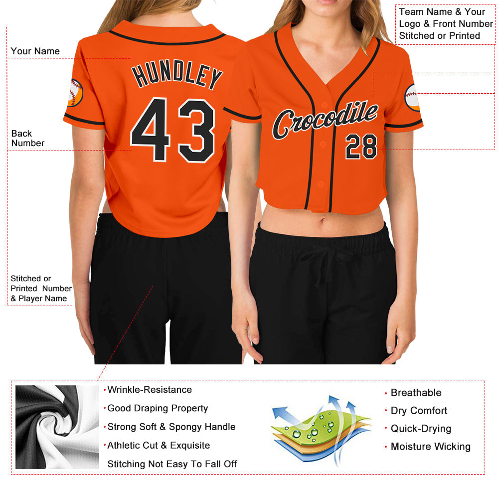 Custom Women's Orange Black-White V-Neck Cropped Baseball Jersey - Sky-Custom
