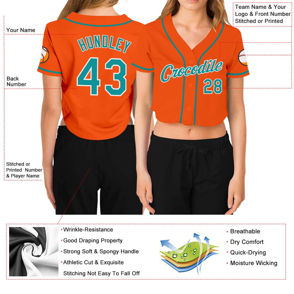Custom Women's Orange Aqua-White V-Neck Cropped Baseball Jersey - Sky-Custom