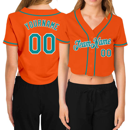 Custom Women's Orange Aqua-White V-Neck Cropped Baseball Jersey - Sky-Custom