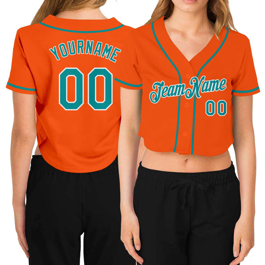 Custom Women's Orange Aqua-White V-Neck Cropped Baseball Jersey - Sky-Custom