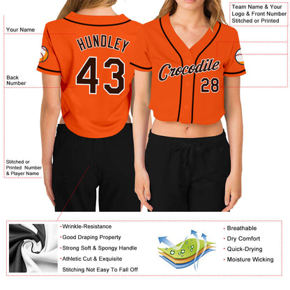 Custom Women's Orange Brown-White V-Neck Cropped Baseball Jersey - Sky-Custom