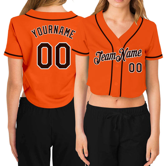 Custom Women's Orange Brown-White V-Neck Cropped Baseball Jersey - Sky-Custom