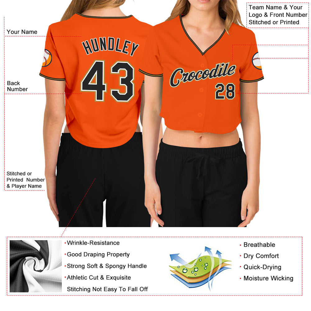 Custom Women's Orange Black Old Gold-White V-Neck Cropped Baseball Jersey - Sky-Custom