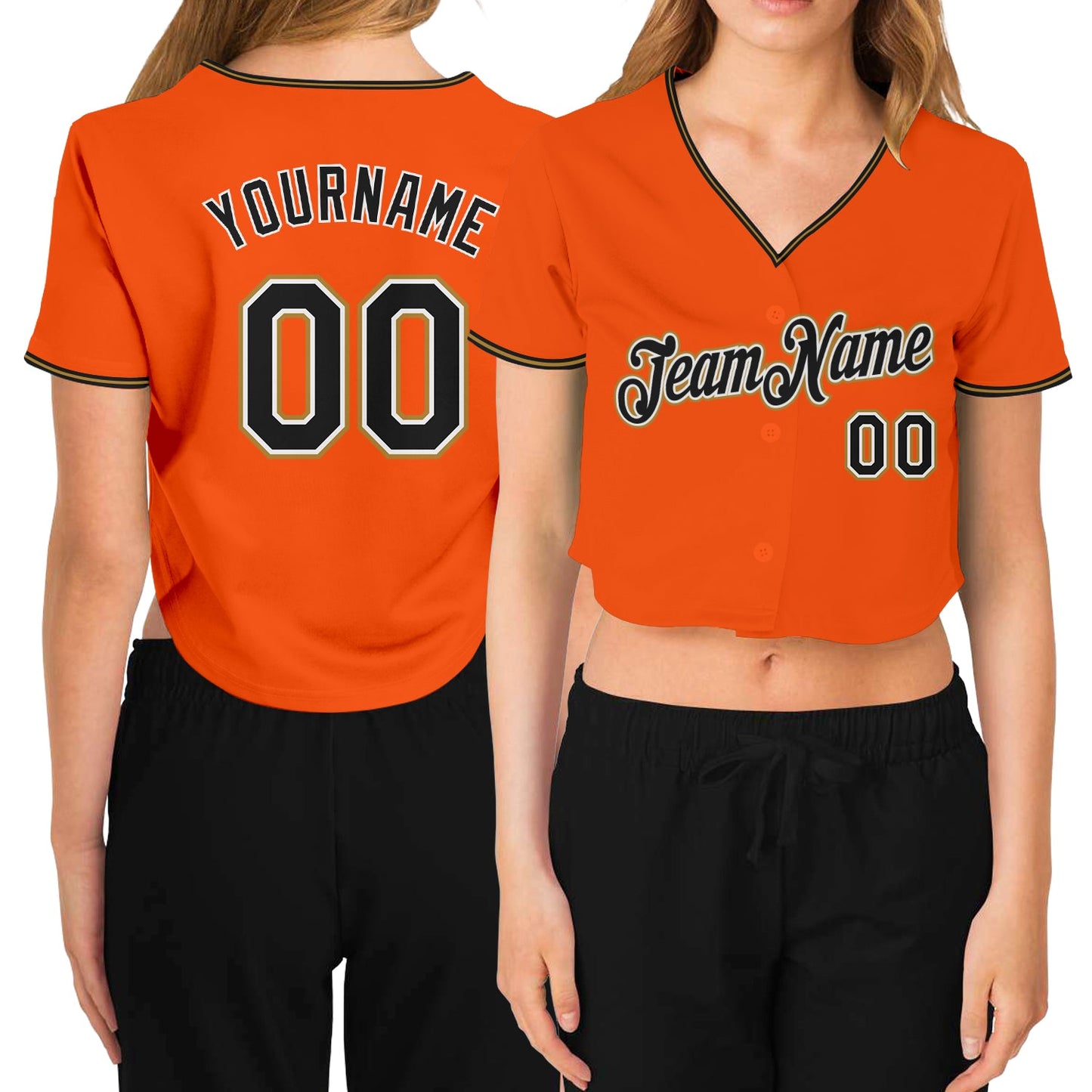 Custom Women's Orange Black Old Gold-White V-Neck Cropped Baseball Jersey - Sky-Custom