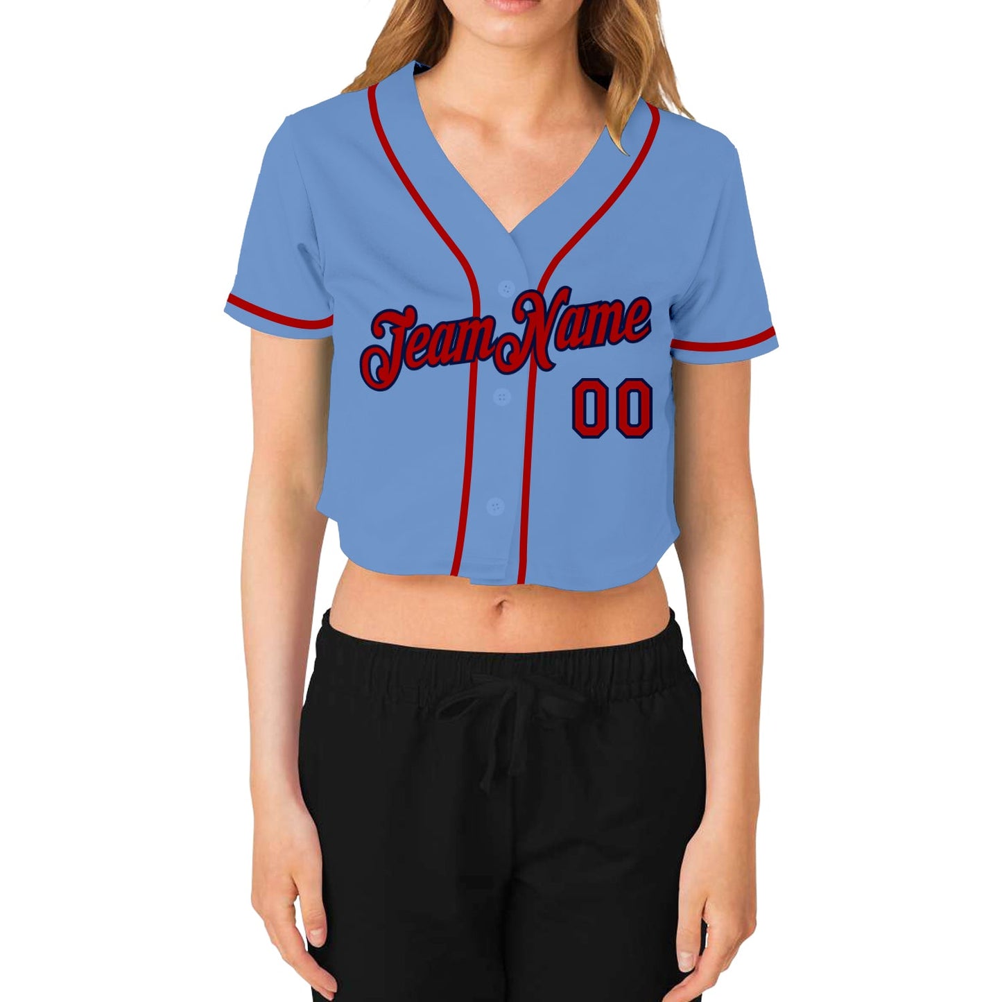 Custom Women's Light Blue Red-Navy V-Neck Cropped Baseball Jersey - Sky-Custom
