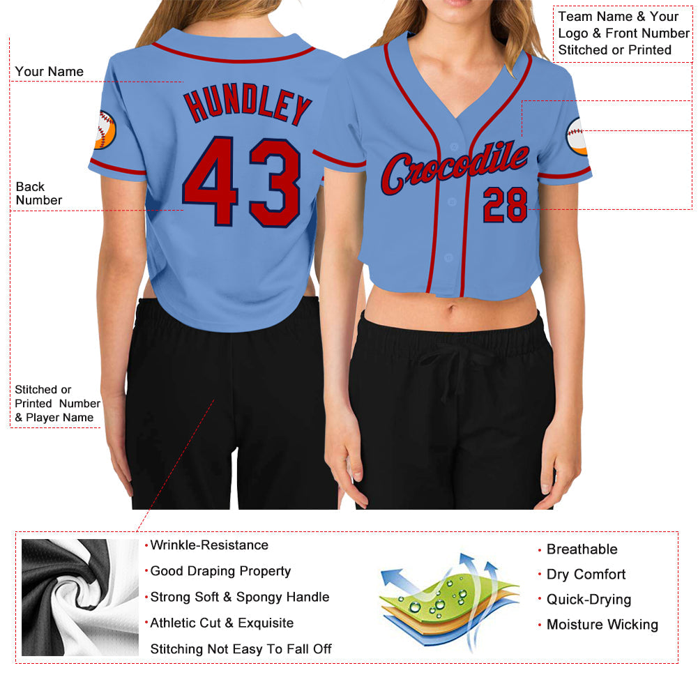 Custom Women's Light Blue Red-Navy V-Neck Cropped Baseball Jersey - Sky-Custom