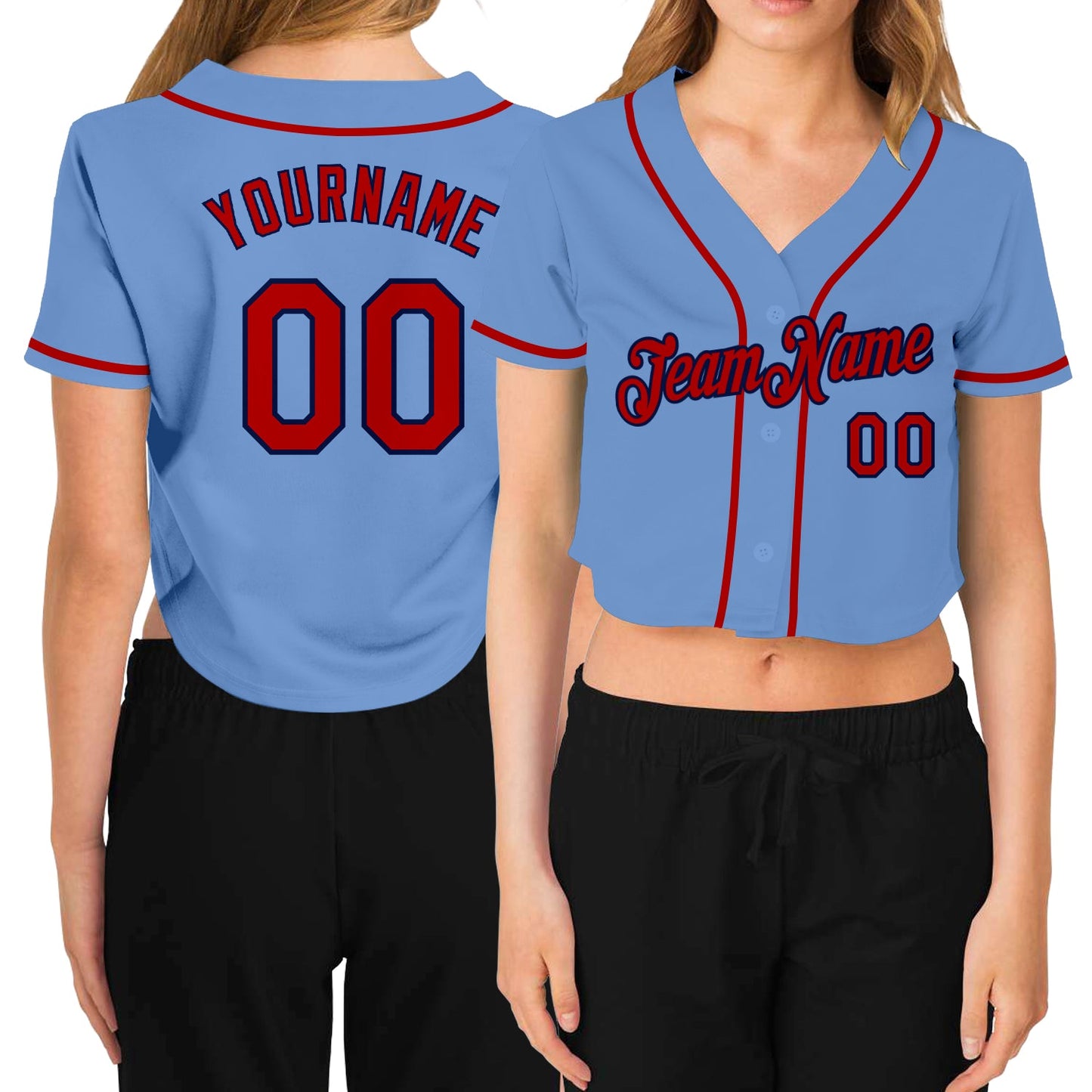 Custom Women's Light Blue Red-Navy V-Neck Cropped Baseball Jersey - Sky-Custom