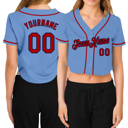 Custom Women's Light Blue Red-Navy V-Neck Cropped Baseball Jersey - Sky-Custom