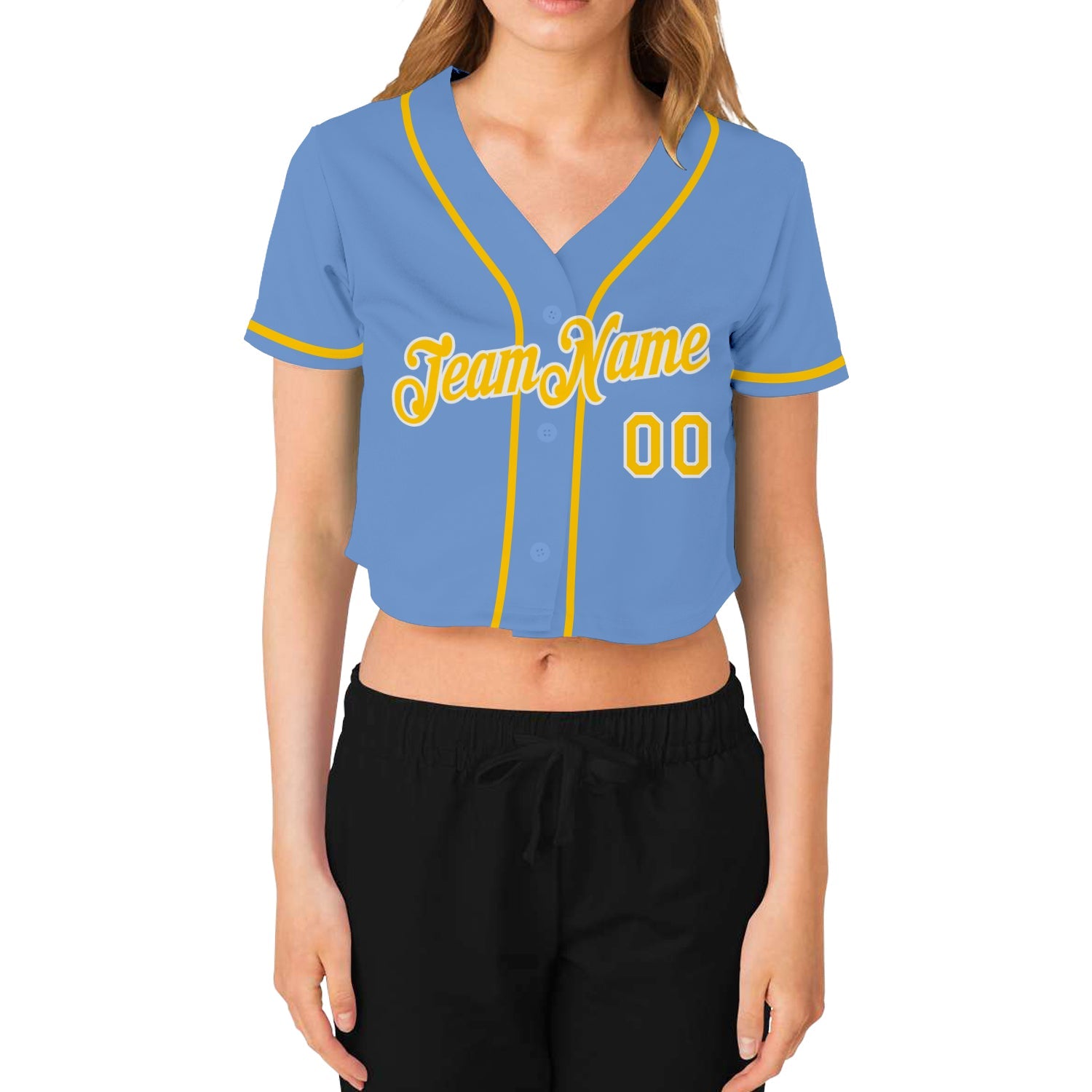 Custom Women's Light Blue Gold-White V-Neck Cropped Baseball Jersey - Sky-Custom