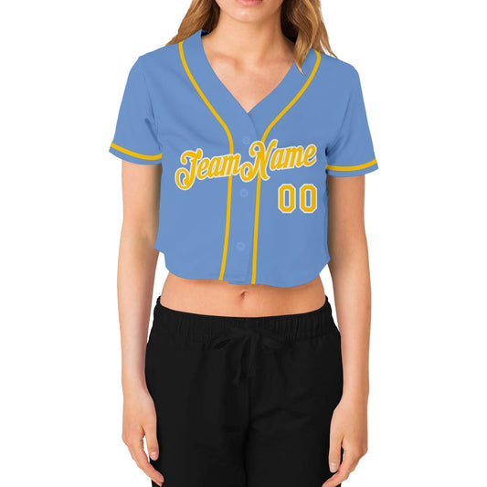 Custom Women's Light Blue Gold-White V-Neck Cropped Baseball Jersey - Sky-Custom