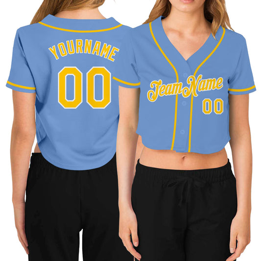 Custom Women's Light Blue Gold-White V-Neck Cropped Baseball Jersey - Sky-Custom
