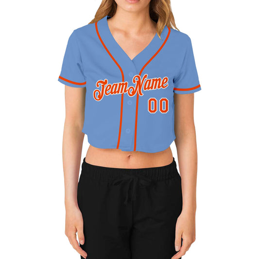 Custom Women's Light Blue Orange-White V-Neck Cropped Baseball Jersey - Sky-Custom