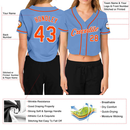 Custom Women's Light Blue Orange-White V-Neck Cropped Baseball Jersey - Sky-Custom