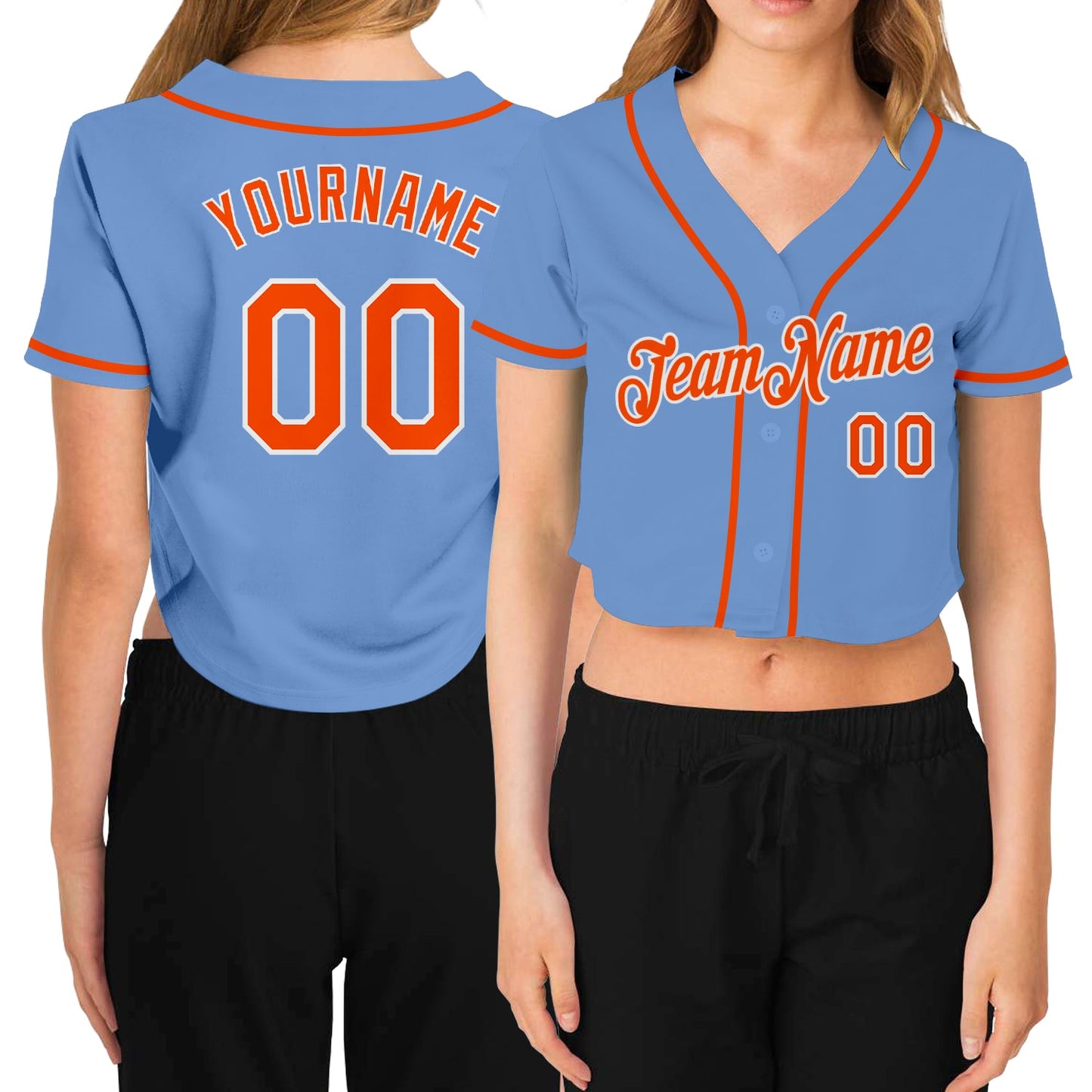 Custom Women's Light Blue Orange-White V-Neck Cropped Baseball Jersey - Sky-Custom