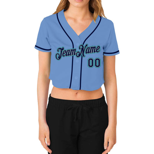 Custom Women's Light Blue Navy Gray-Aqua V-Neck Cropped Baseball Jersey - Sky-Custom
