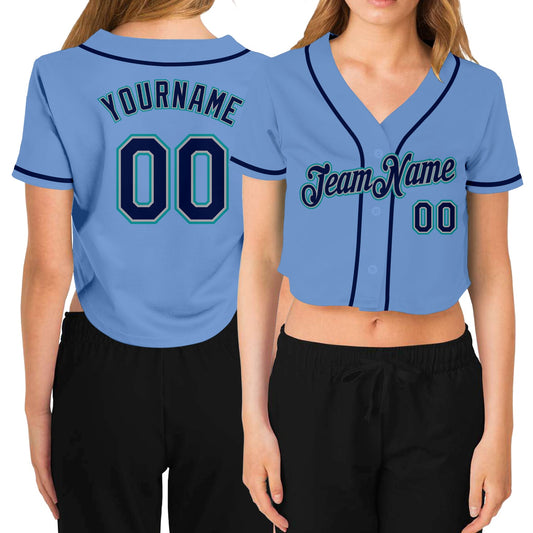 Custom Women's Light Blue Navy Gray-Aqua V-Neck Cropped Baseball Jersey - Sky-Custom
