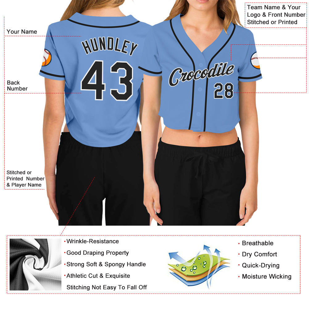 Custom Women's Light Blue Black-White V-Neck Cropped Baseball Jersey - Sky-Custom