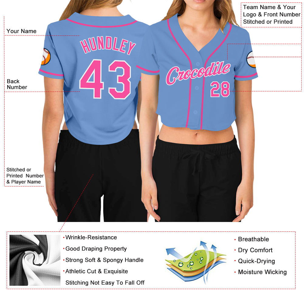 Custom Women's Light Blue Pink-White V-Neck Cropped Baseball Jersey - Sky-Custom