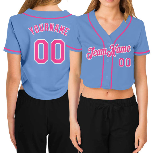 Custom Women's Light Blue Pink-White V-Neck Cropped Baseball Jersey - Sky-Custom