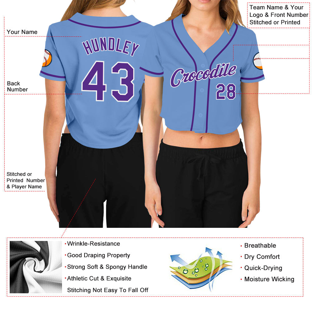 Custom Women's Light Blue Purple-White V-Neck Cropped Baseball Jersey - Sky-Custom