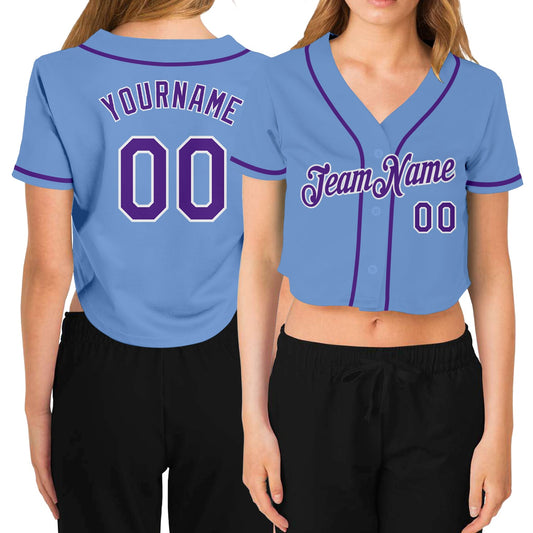 Custom Women's Light Blue Purple-White V-Neck Cropped Baseball Jersey - Sky-Custom