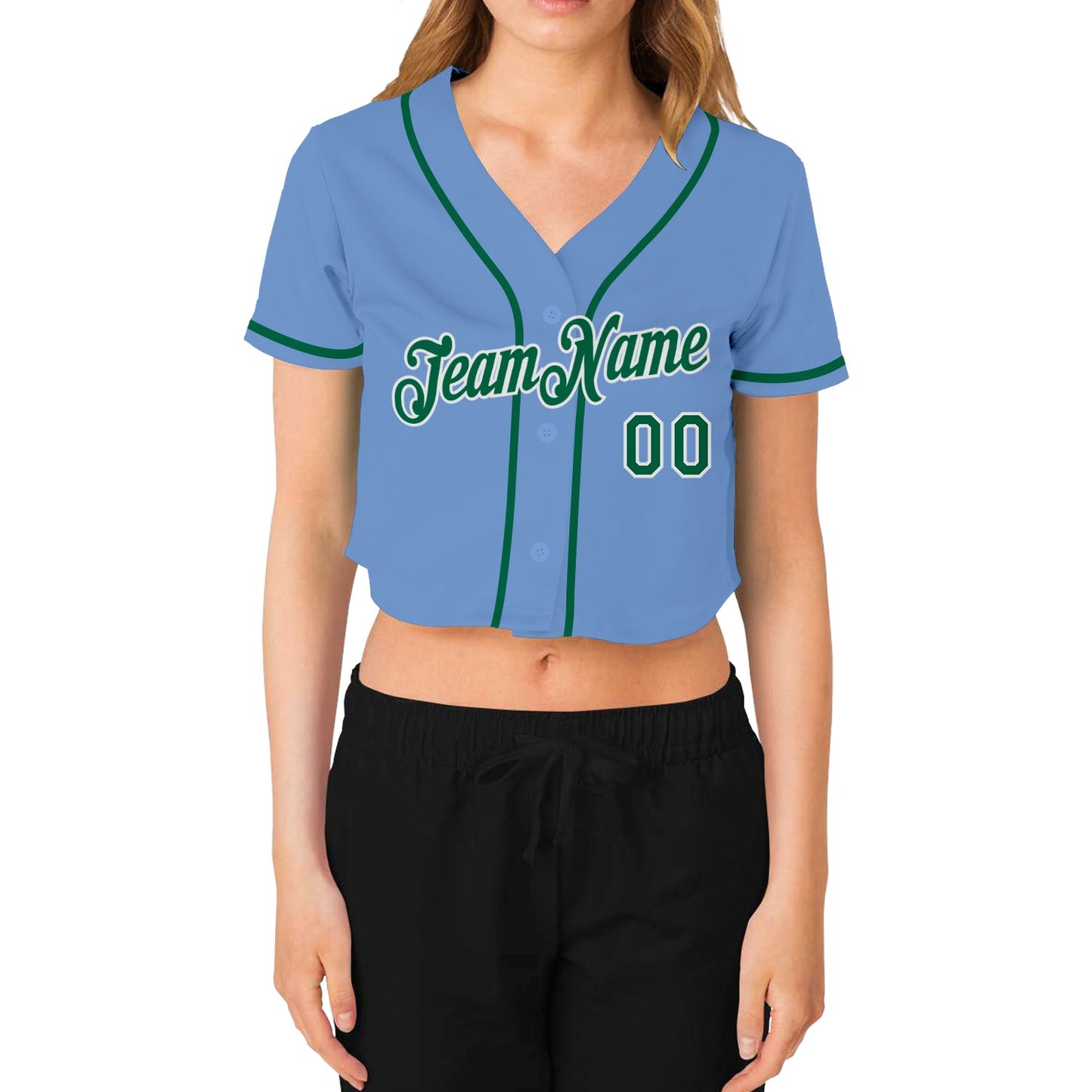 Custom Women's Light Blue Kelly Green-White V-Neck Cropped Baseball Jersey - Sky-Custom