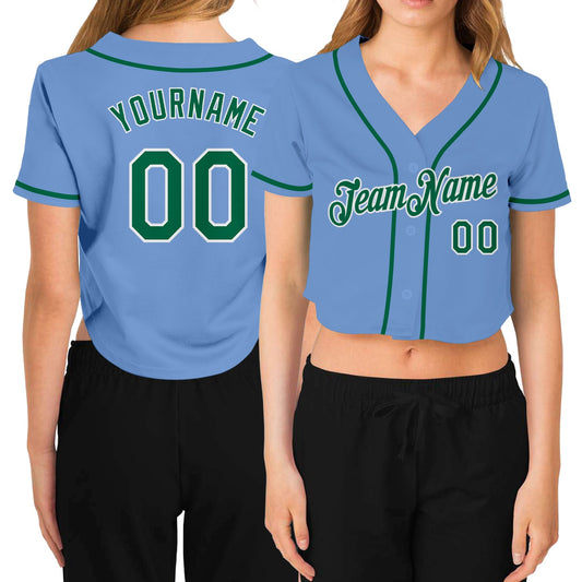 Custom Women's Light Blue Kelly Green-White V-Neck Cropped Baseball Jersey - Sky-Custom