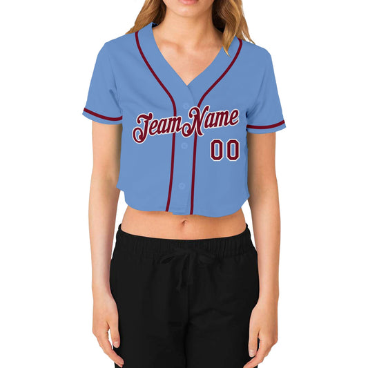 Custom Women's Light Blue Crimson-White V-Neck Cropped Baseball Jersey - Sky-Custom