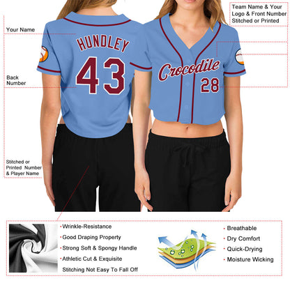 Custom Women's Light Blue Crimson-White V-Neck Cropped Baseball Jersey - Sky-Custom