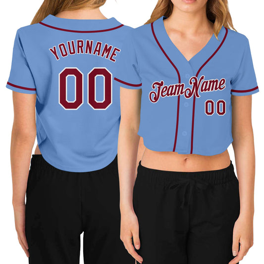 Custom Women's Light Blue Crimson-White V-Neck Cropped Baseball Jersey - Sky-Custom