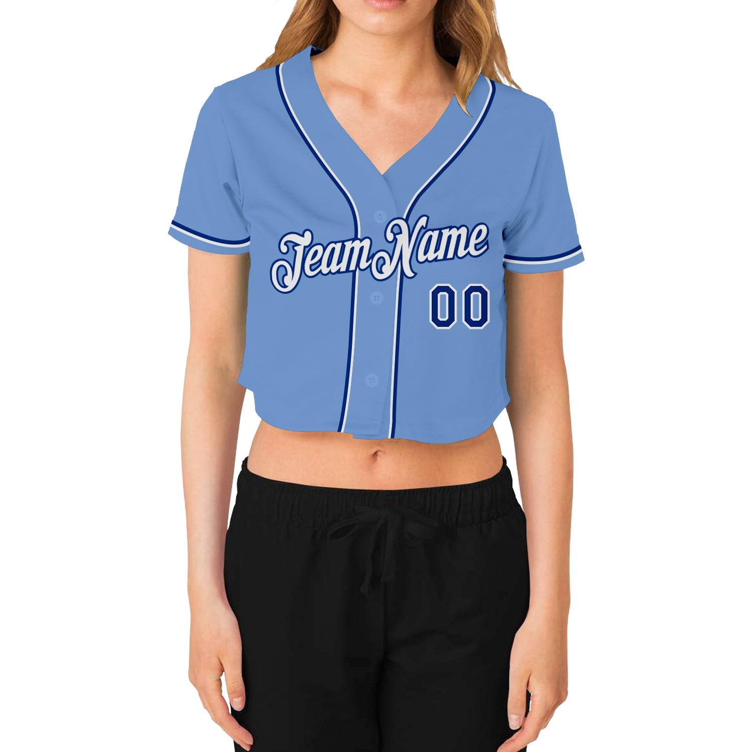 Custom Women's Light Blue White-Royal V-Neck Cropped Baseball Jersey - Sky-Custom