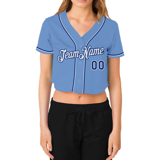 Custom Women's Light Blue White-Royal V-Neck Cropped Baseball Jersey - Sky-Custom