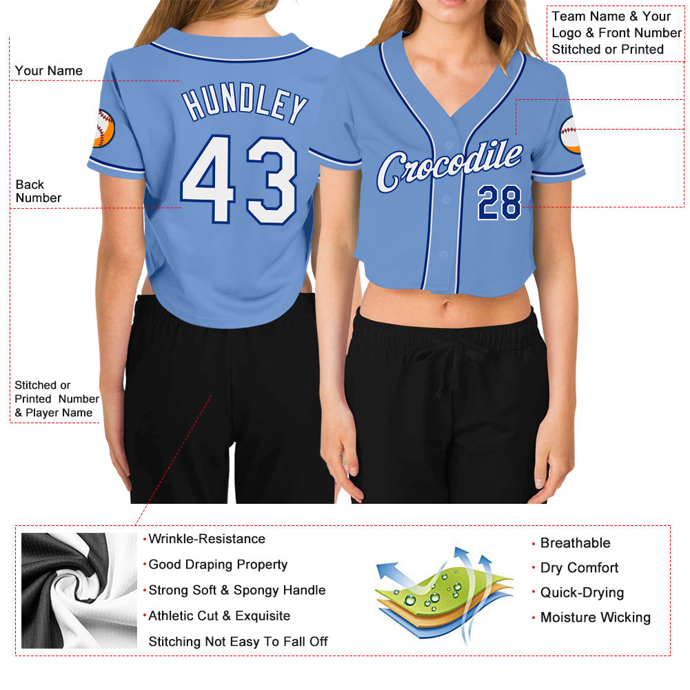 Custom Women's Light Blue White-Royal V-Neck Cropped Baseball Jersey - Sky-Custom