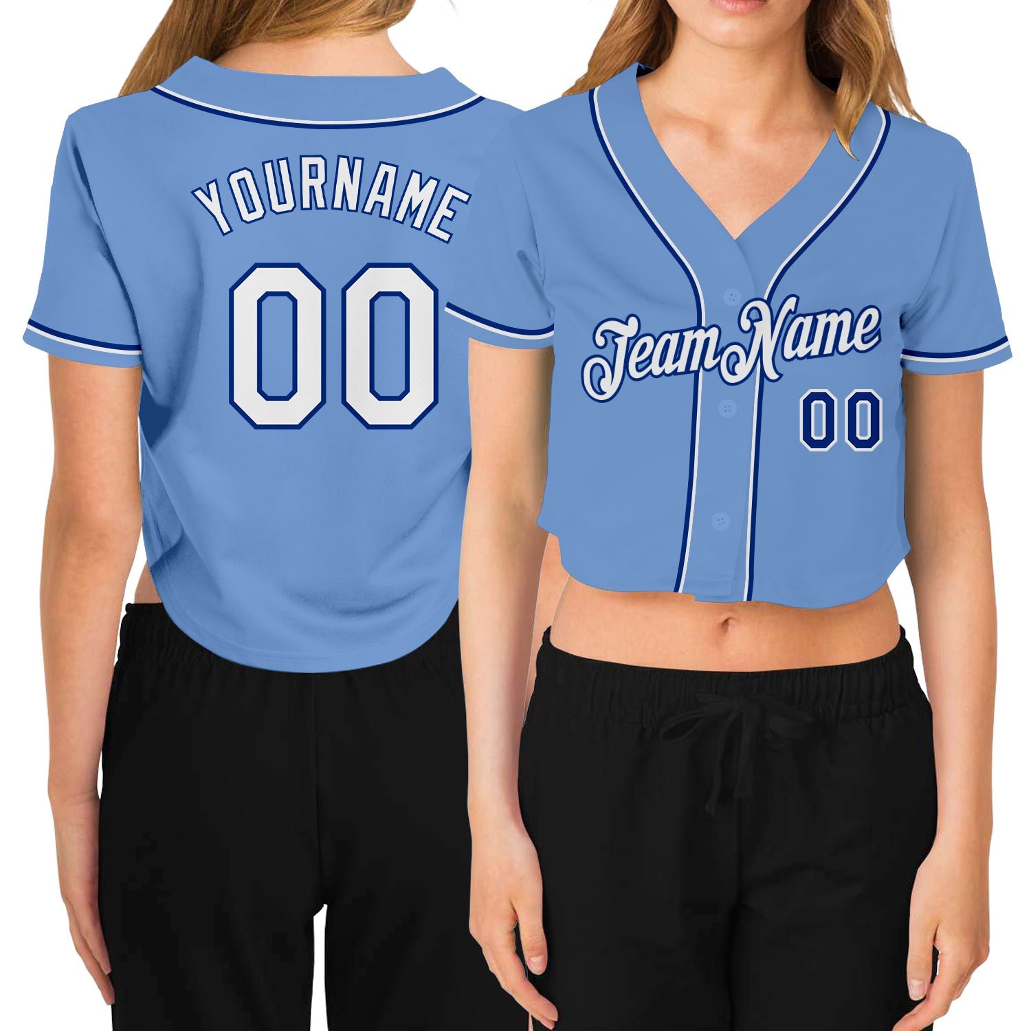 Custom Women's Light Blue White-Royal V-Neck Cropped Baseball Jersey - Sky-Custom