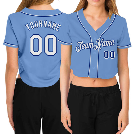 Custom Women's Light Blue White-Royal V-Neck Cropped Baseball Jersey - Sky-Custom