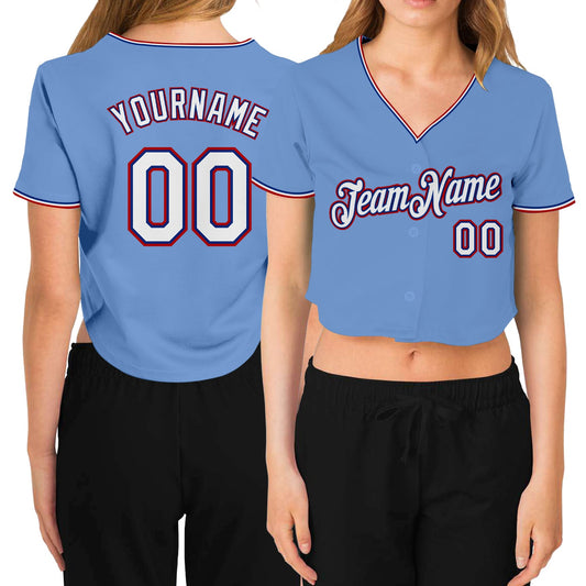Custom Women's Light Blue White Royal-Red V-Neck Cropped Baseball Jersey - Sky-Custom